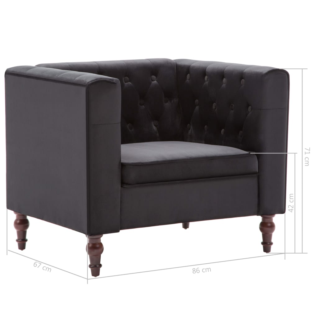 Schéma des dimensions du fauteuil chesterfield : 86 x 67 x 71 cm, assise à 42 cm