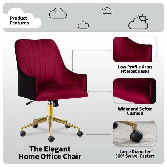 Chaise de bureau vintage en velours sur roulettes avec pieds métal doré