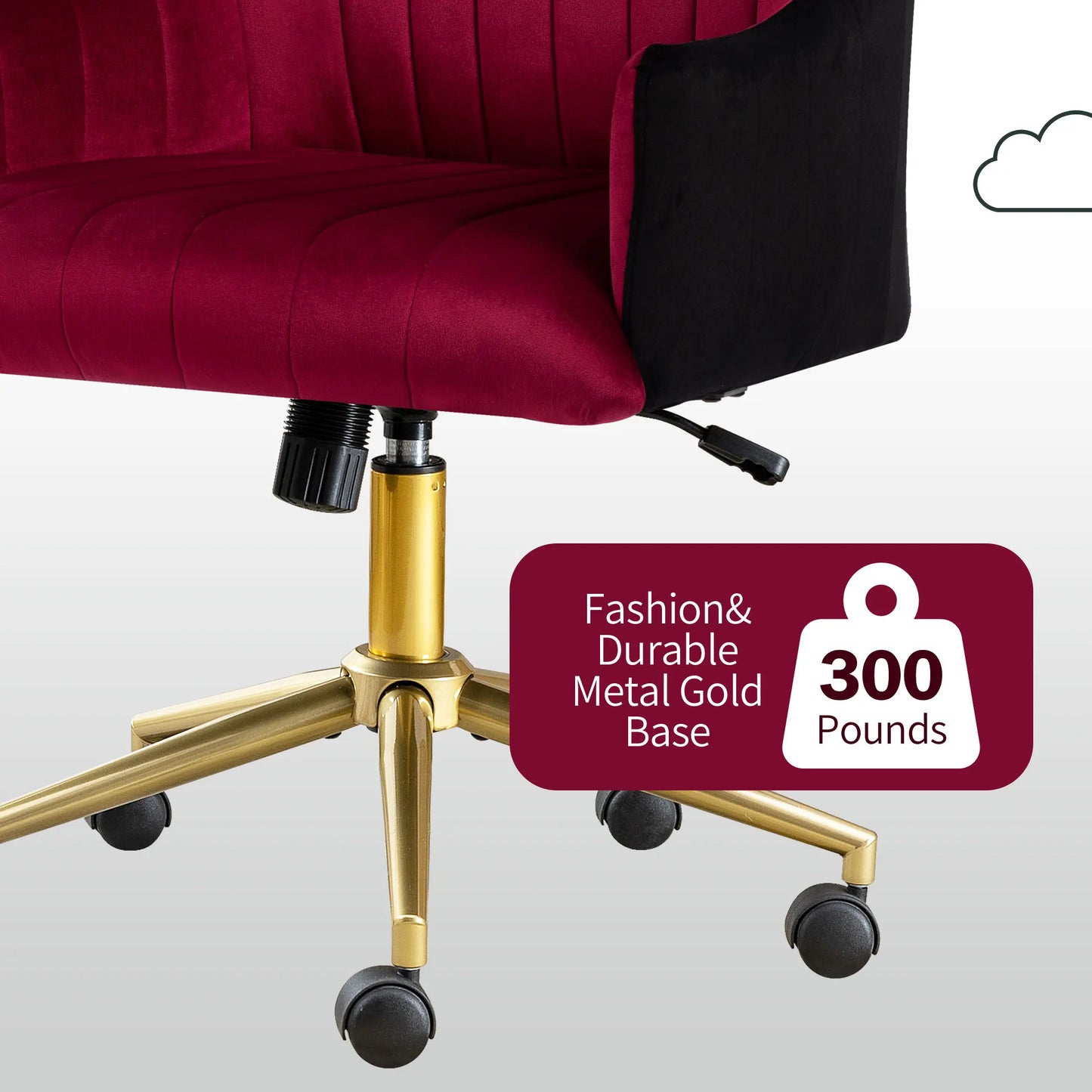 Chaise de bureau vintage en velours sur roulettes avec pieds métal doré