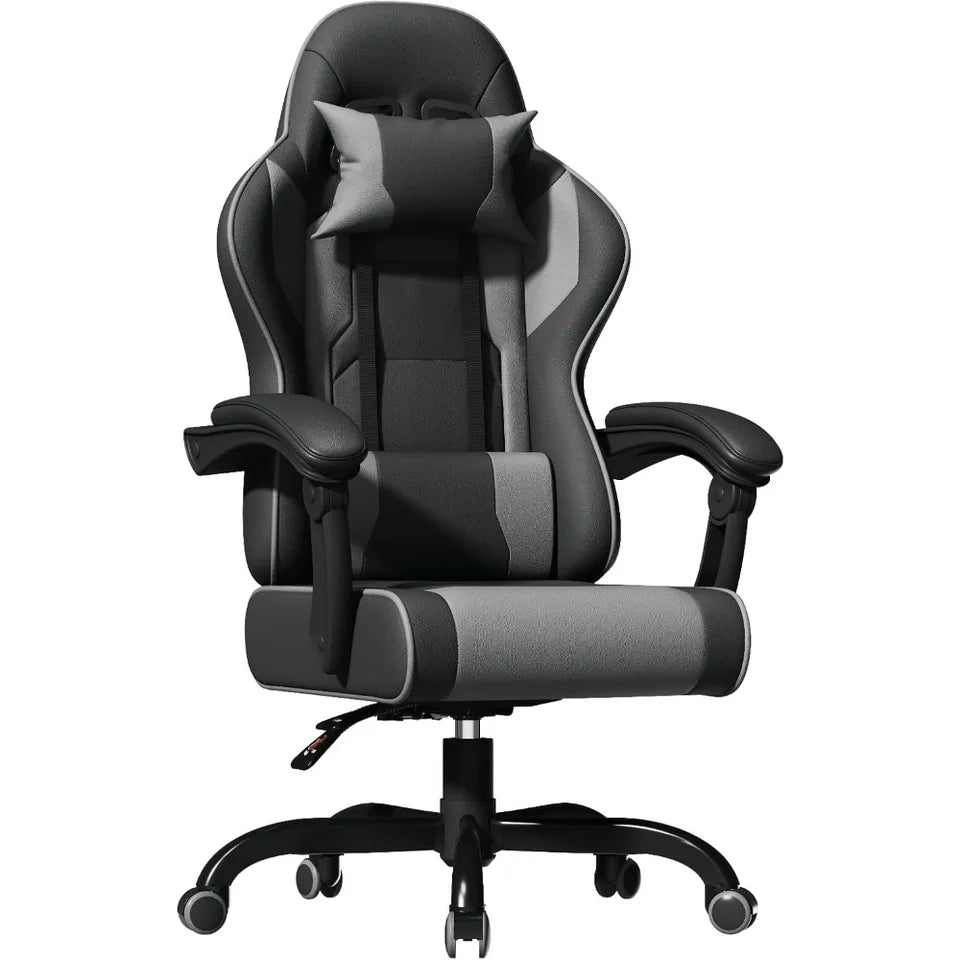 Fauteuil gamer assise bacquet ergonomique noir et gris avec coussin lombaire et cervical