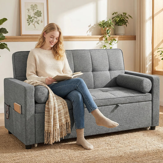 Canapé chesterfield convertible 2 places en tissu gris avec lit gigogne – vue en situation dans un salon