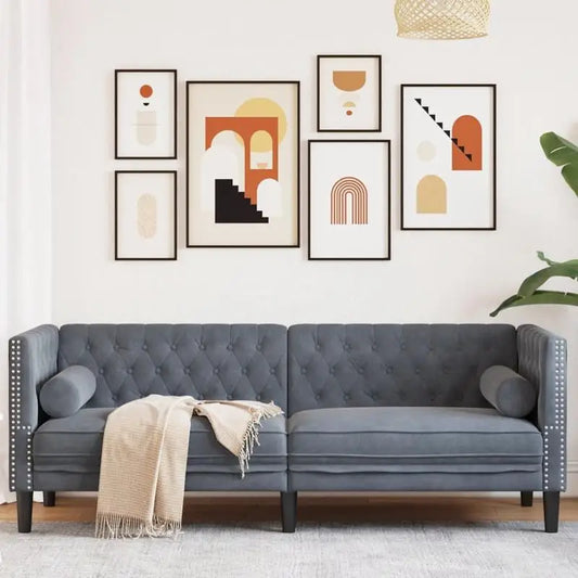 Canapé chesterfield 3 places en velours gris foncé – vue en situation dans un salon