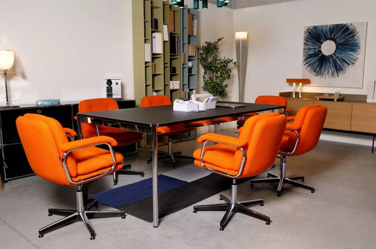 Chaise de bureau ergonomique vintage en tissu sans roulettes avec accoudoirs et dossier bas HERITAGE 80 DIRECTION PETIT DOSSIER