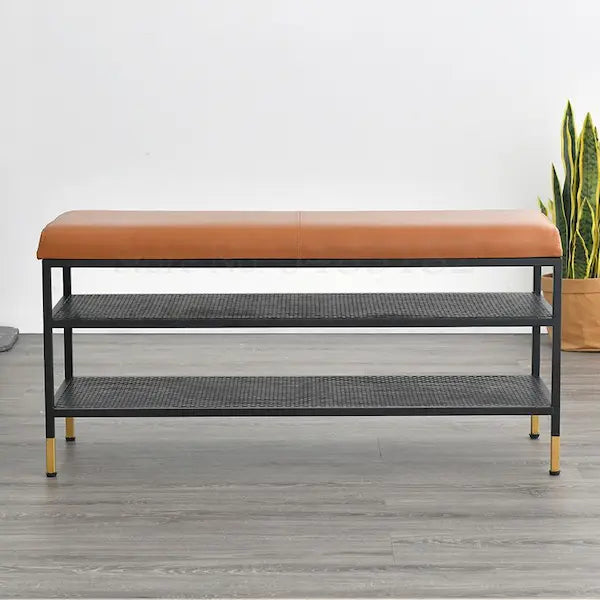 Banc de rangement design en métal noir et cuir