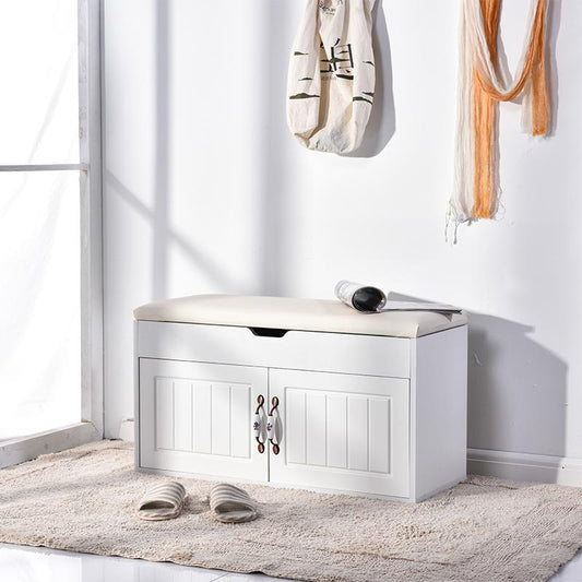 Banc de rangement en bois blanc avec portières de style
