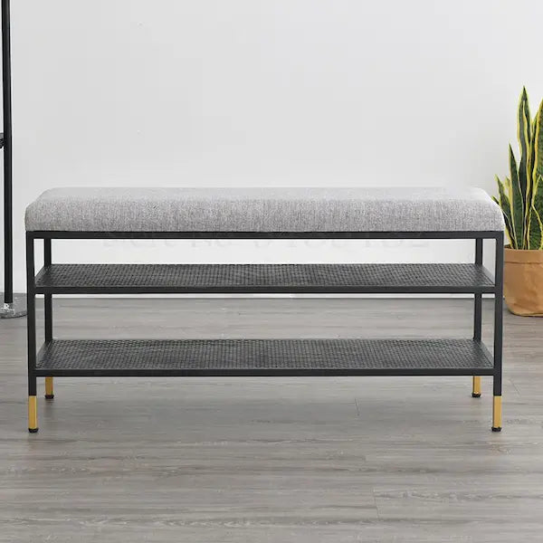 Banc de rangement design en métal noir et cuir