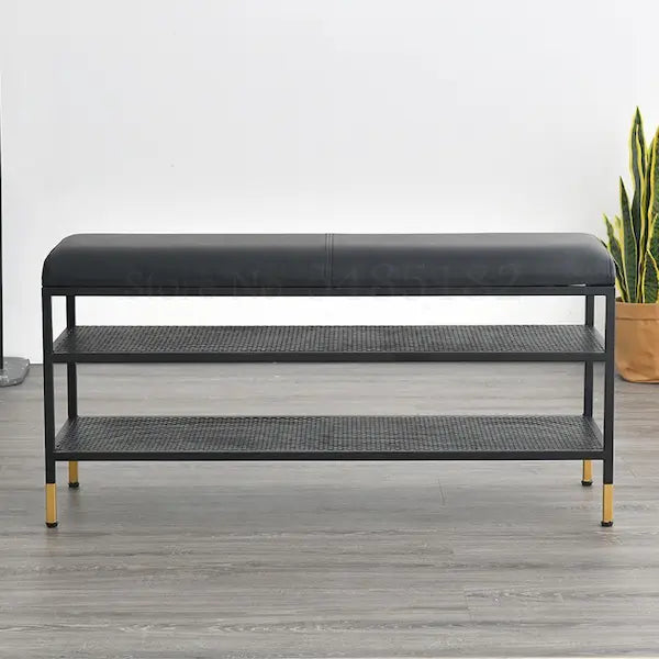 Banc de rangement design en métal noir et cuir