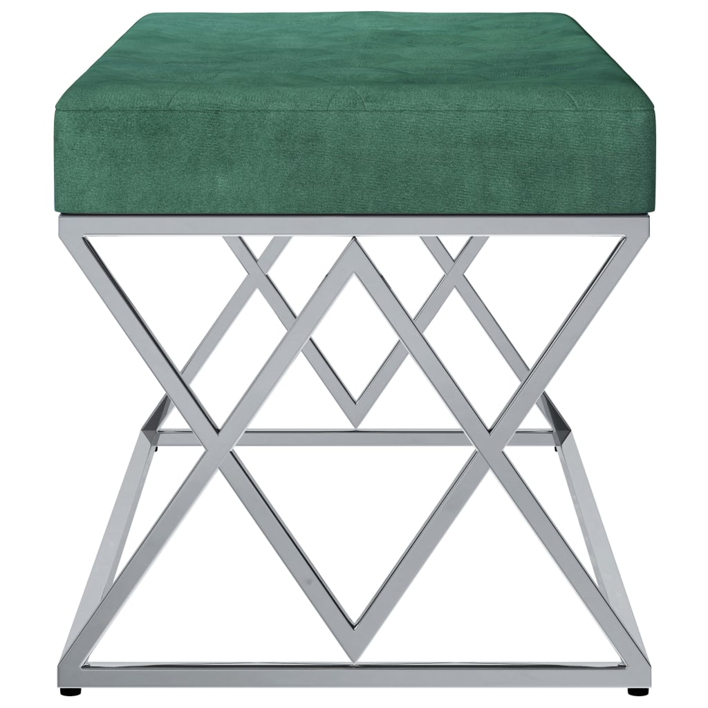 Banc design en velours vert et pieds en métal argent