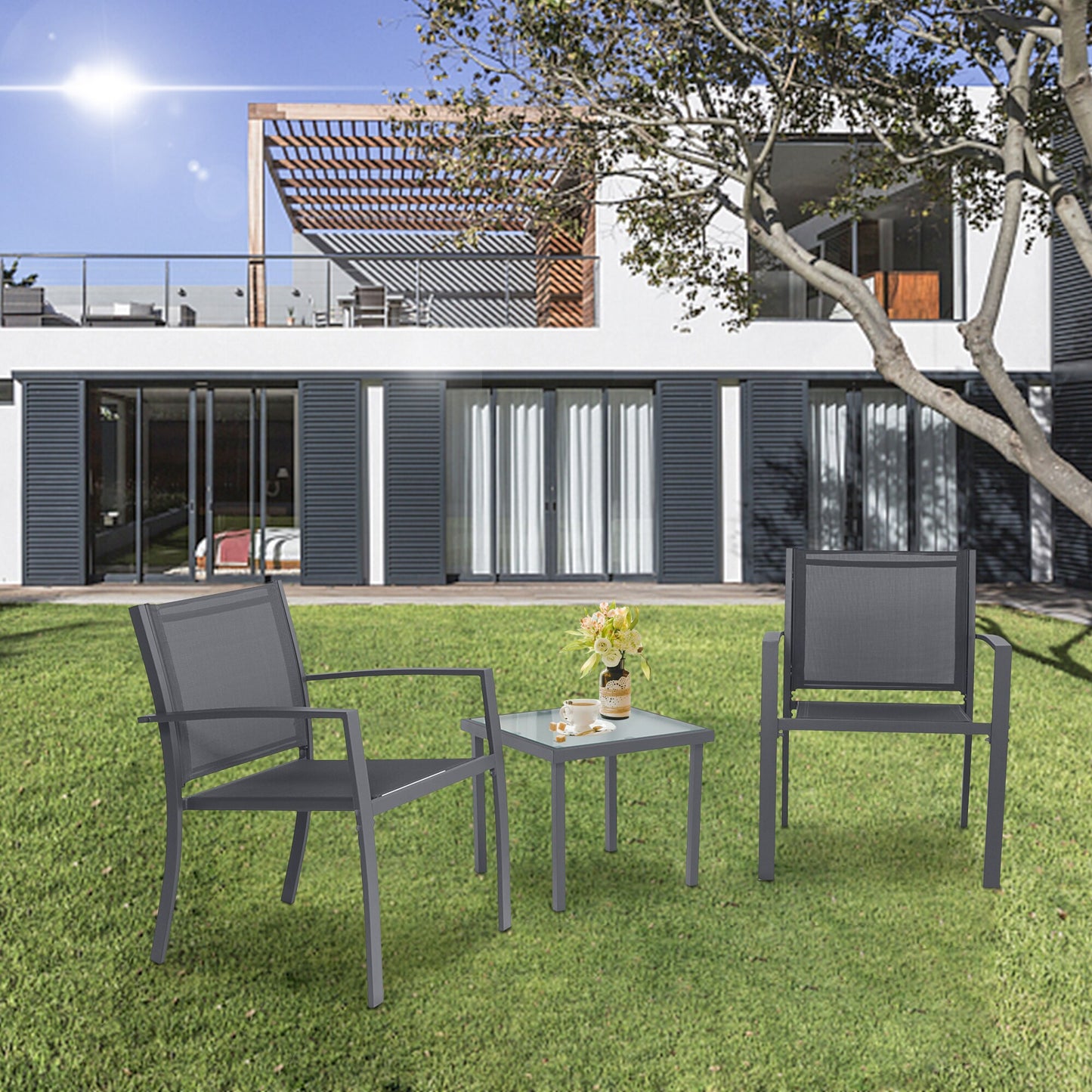 Chaise moderne en rotin pour terrasse (lot de 2 avec table)