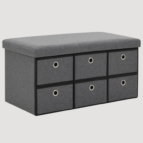 Banc de rangement en tissu gris avec tiroirs