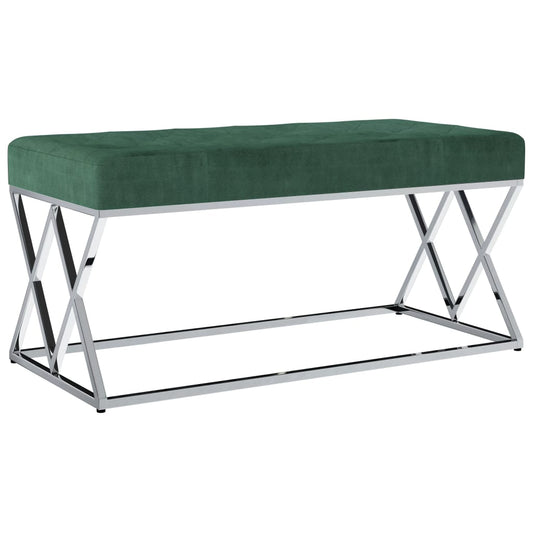 Banc design en velours vert et pieds en métal argent
