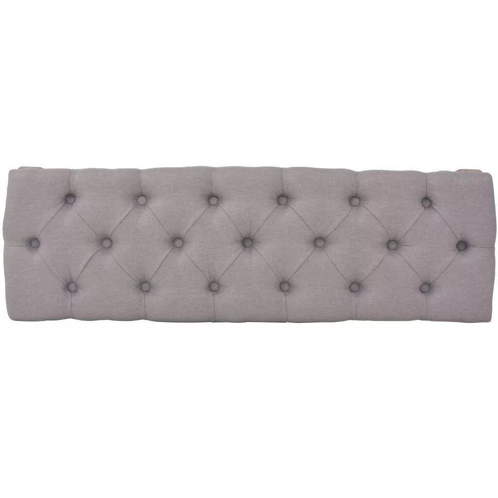 Banc design d'époque en bois et assise capitonnée en tissu gris