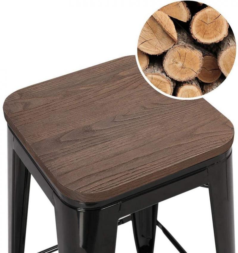 Tabouret de bar industriel en métal noir avec assise en bois (lot de 2)