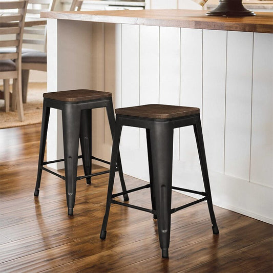 Tabouret de bar industriel en métal noir avec assise en bois (lot de 2)
