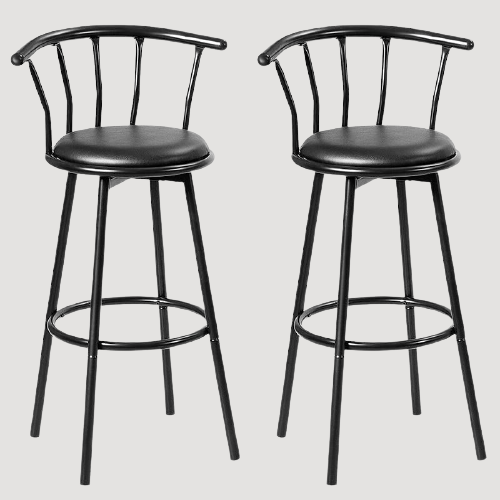 Chaise de bar avec dossier à barreaux en métal noir et cuir noir