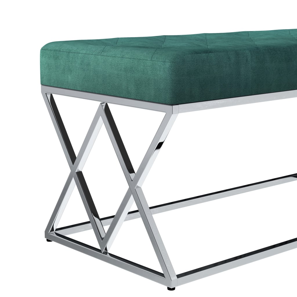 Banc design en velours vert et pieds en métal argent