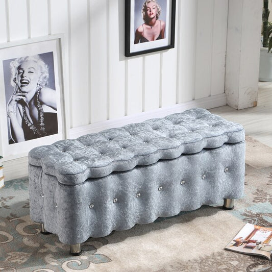 Banc de rangement en velours et métal de type coffre