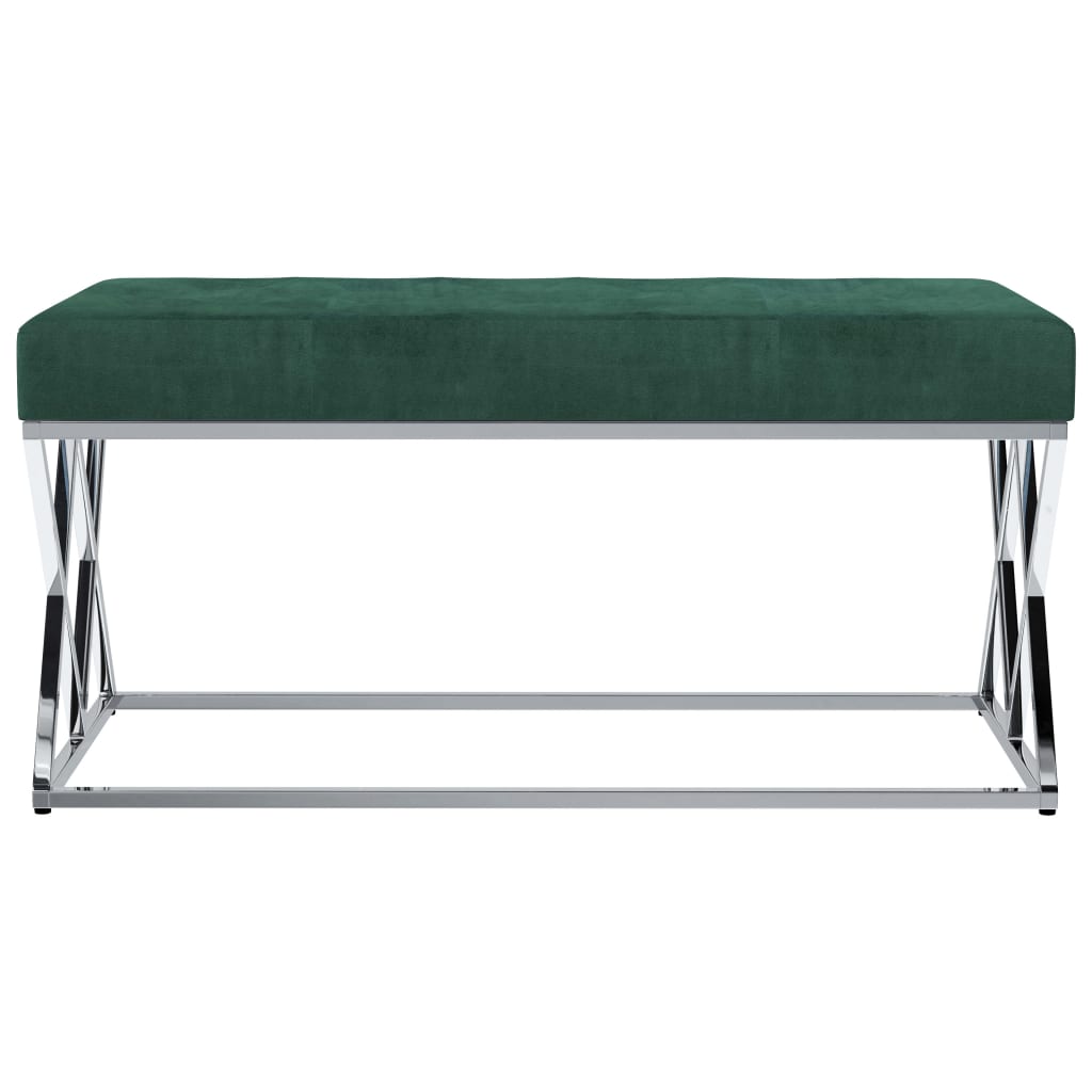 Banc design en velours vert et pieds en métal argent