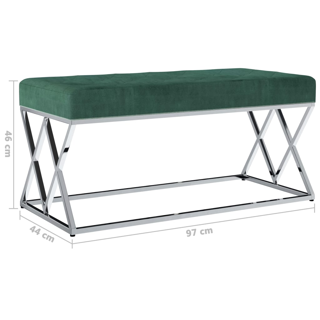 Banc design en velours vert et pieds en métal argent