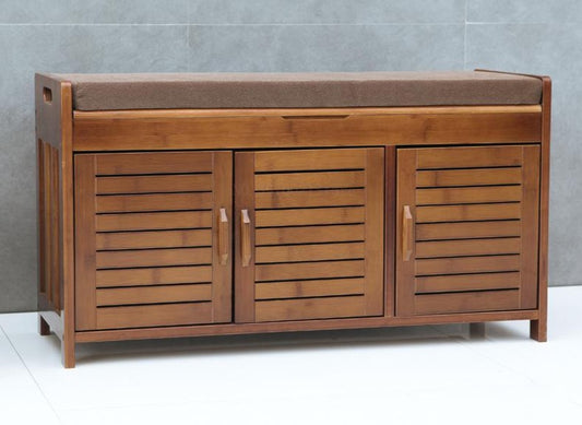 Banc de rangement en bois avec portes et étagères