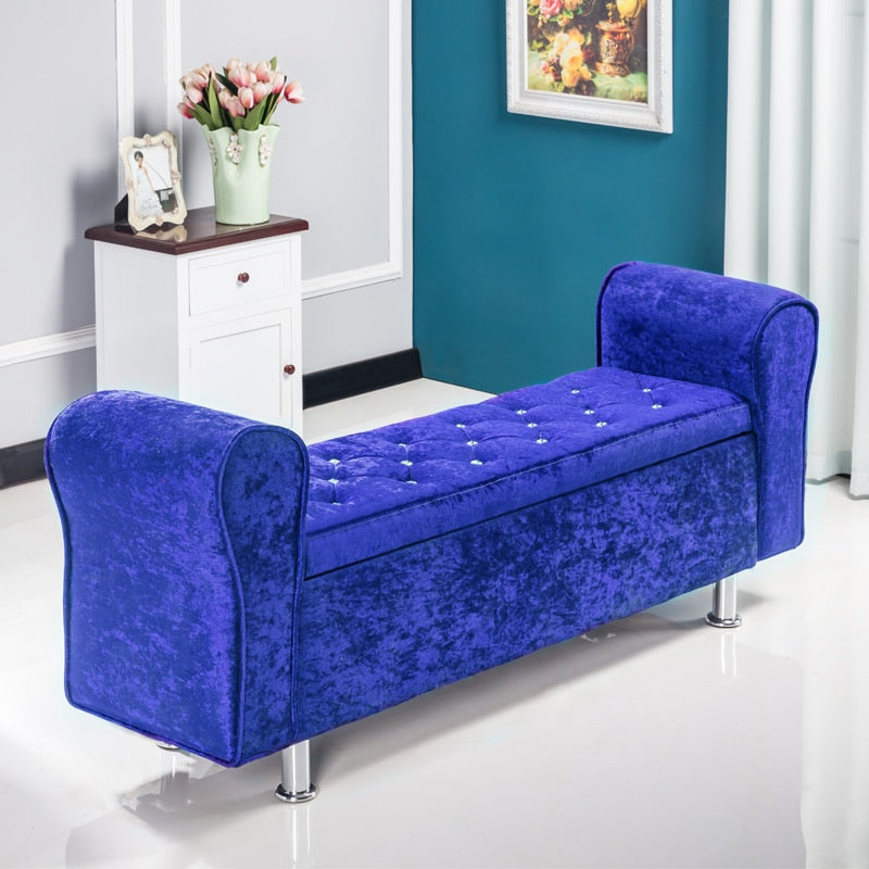 Banc de rangement en velours capitonné avec accoudoirs