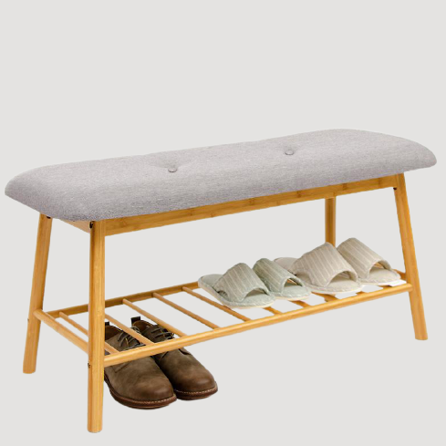 Banc de rangement scandinave en bois et tissu gris capitonné