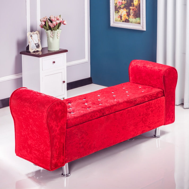 Banc de rangement en velours capitonné avec accoudoirs