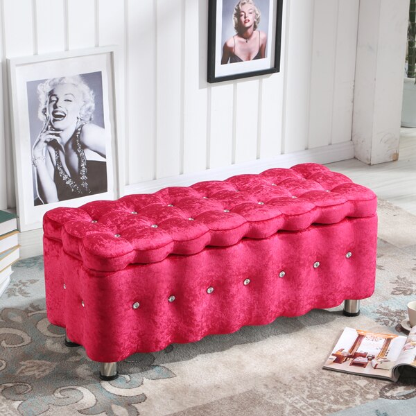Banc de rangement en velours et métal de type coffre
