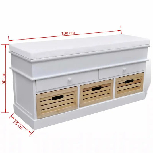 Banc de rangement en bois blanc avec tiroirs et caissons