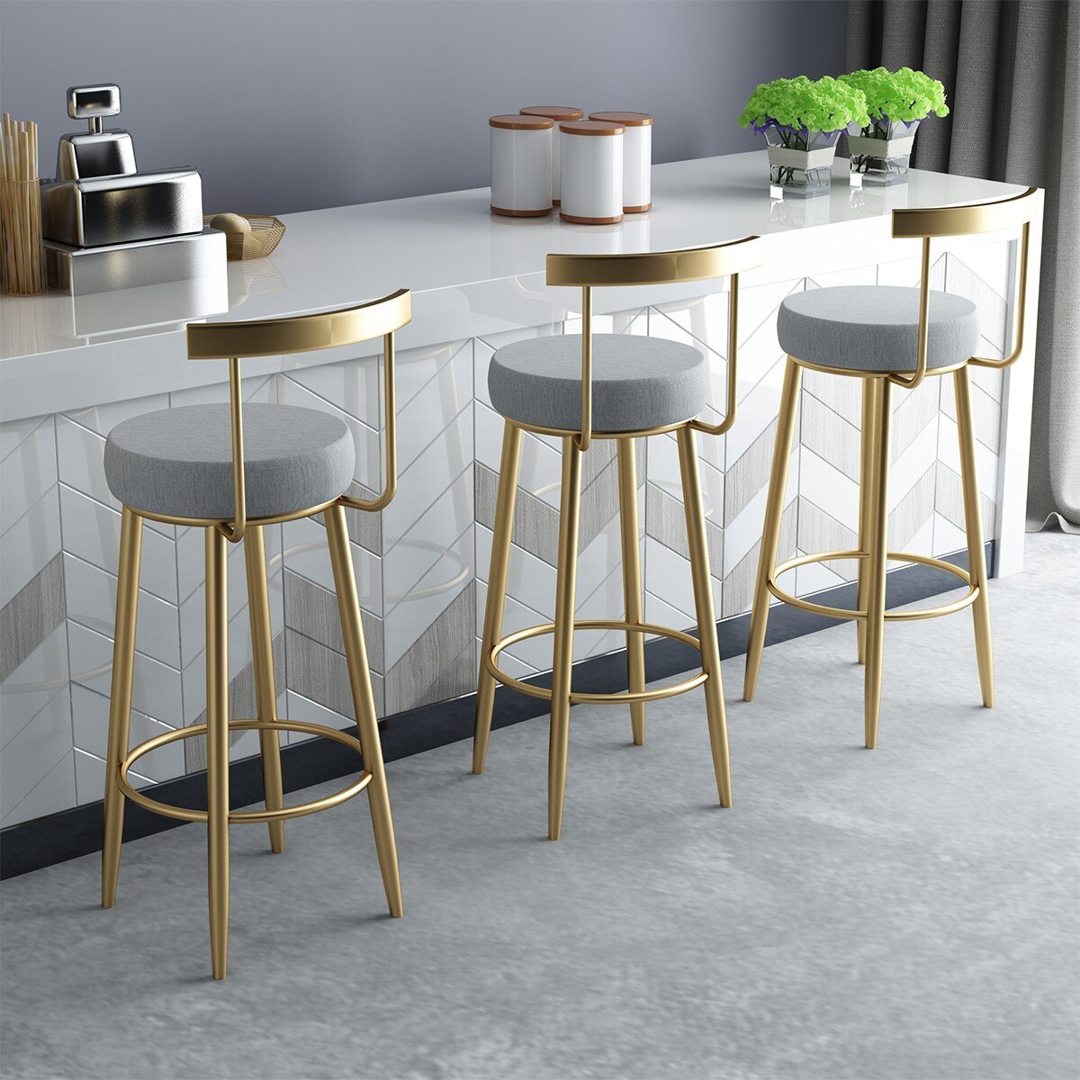 Tabouret de bar scandinave en métal doré mate avec dossier
