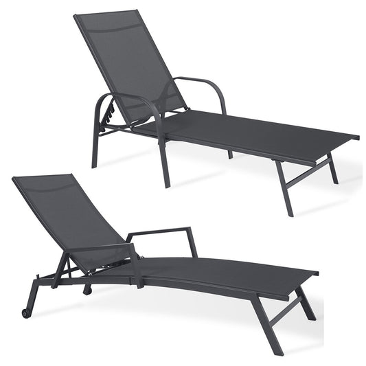 Chaise longue grise en aluminium et toile (lot de 2)