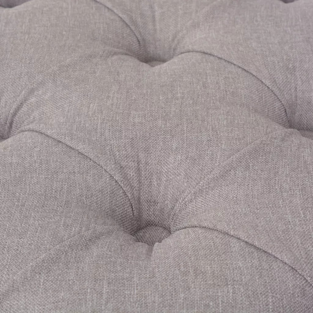 Banc design d'époque en bois et assise capitonnée en tissu gris