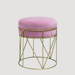 Tabouret design avec assise ronde en velours et pieds en métal doré