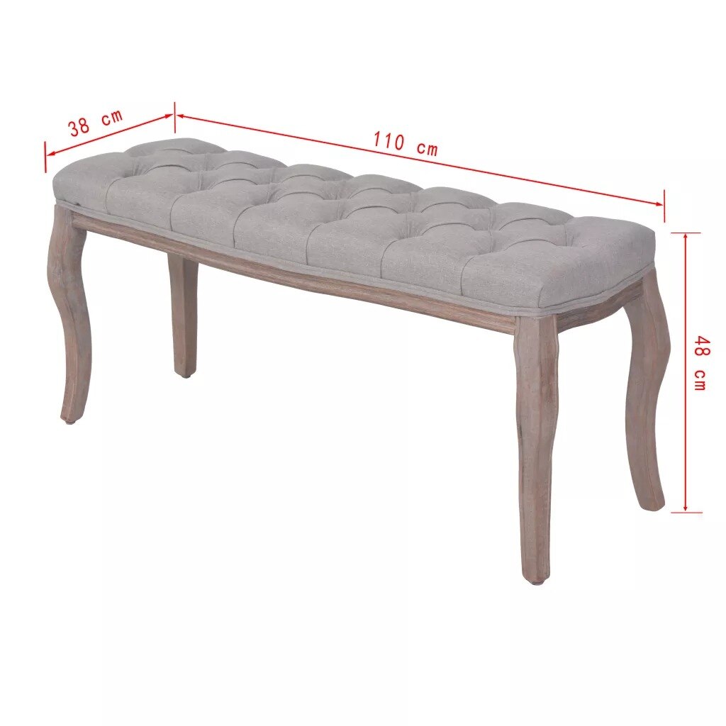 Banc design d'époque en bois et assise capitonnée en tissu gris