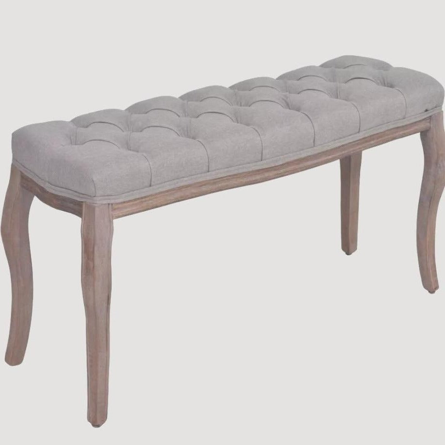 Banc design en bois et assise en tissus gris capitonnée