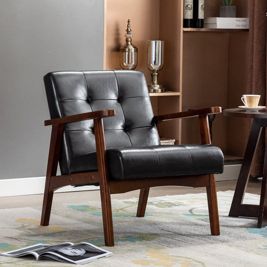 Fauteuil capitonné noyer et similicuir noir