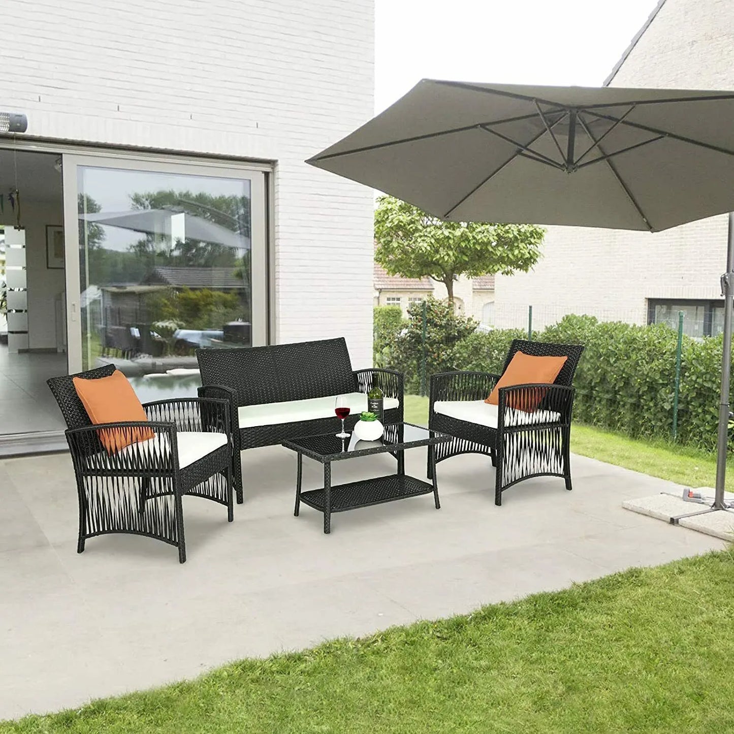 Canapé jardin en rotin avec lot de 2 chaises et table assorties pour salon de jardin