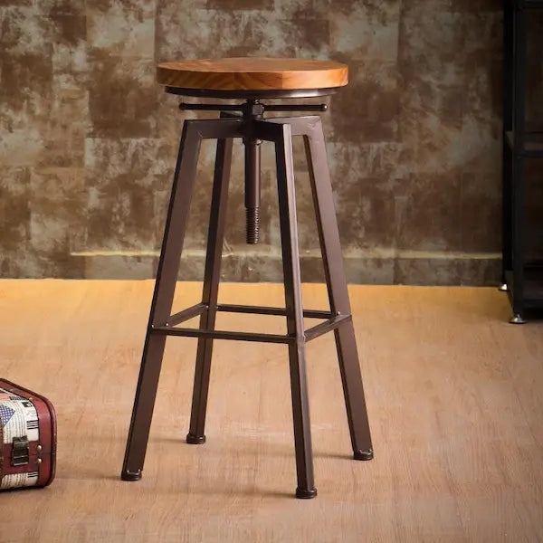 Tabouret industriel haut avec assise ronde rotative bois et pieds métallique en métal marron