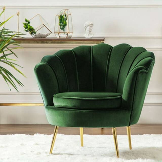 Fauteuil design à dossier fleur large en velours et métal doré