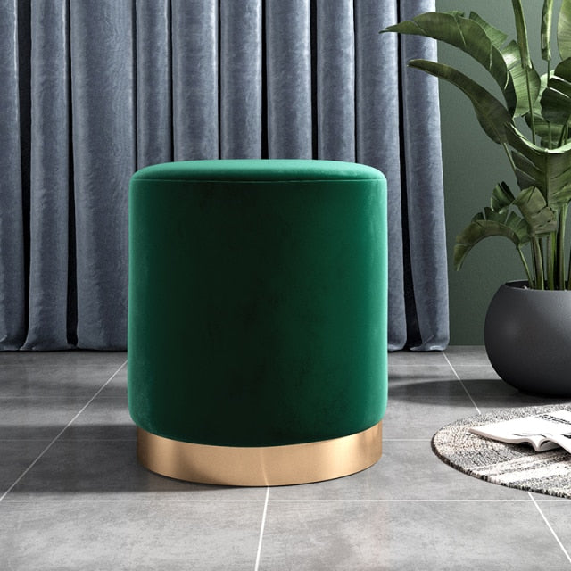 Tabouret design rond en métal et tissu velours vert