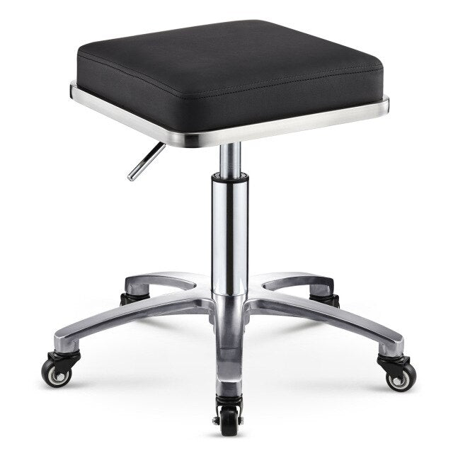 Tabouret à roulettes design avec assise carré et armature inox