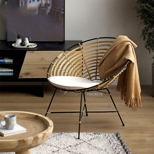 Fauteuil relax scandinave oeuf en métal et rotin