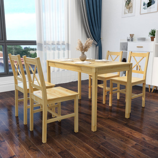 Chaise vintage en bois de pin par 4 avec table assortie (set complet)