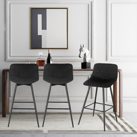 Chaise de bar avec assise en velours quadrillé et pieds en métal noir