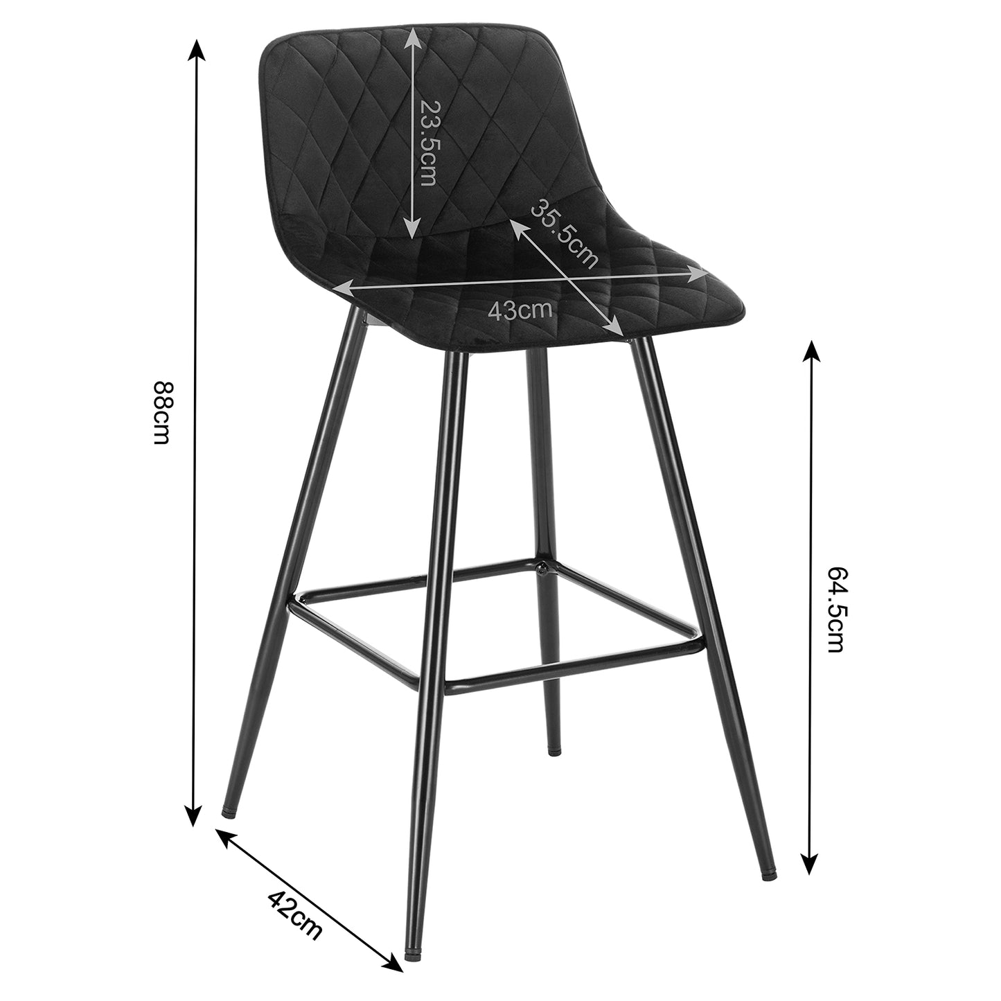Chaise de bar avec assise en velours quadrillé et pieds en métal noir