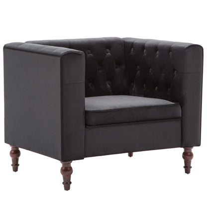 Fauteuil chesterfield en velours noir, vue de trois quarts