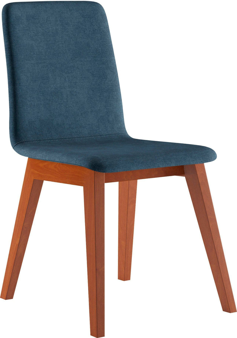 Chaise moderne pied bois massif et assise rembourrée tissu bleu jean