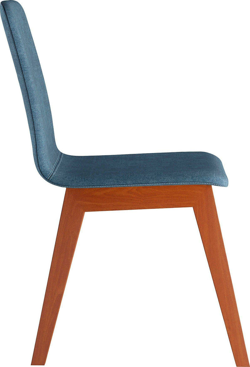 Chaise moderne pied bois massif et assise rembourrée tissu bleu jean sans accoudoirs