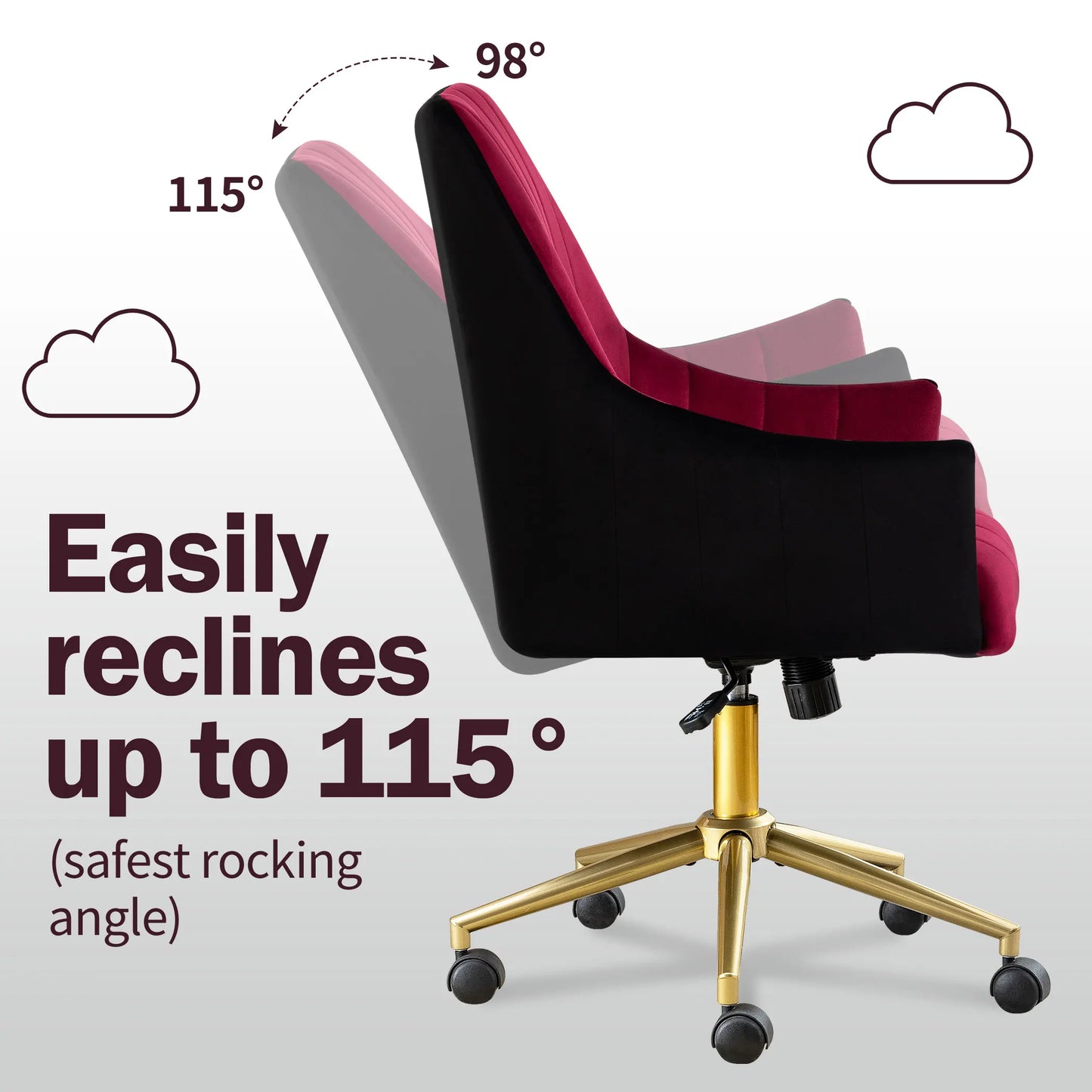 Chaise de bureau vintage en velours sur roulettes avec pieds métal doré