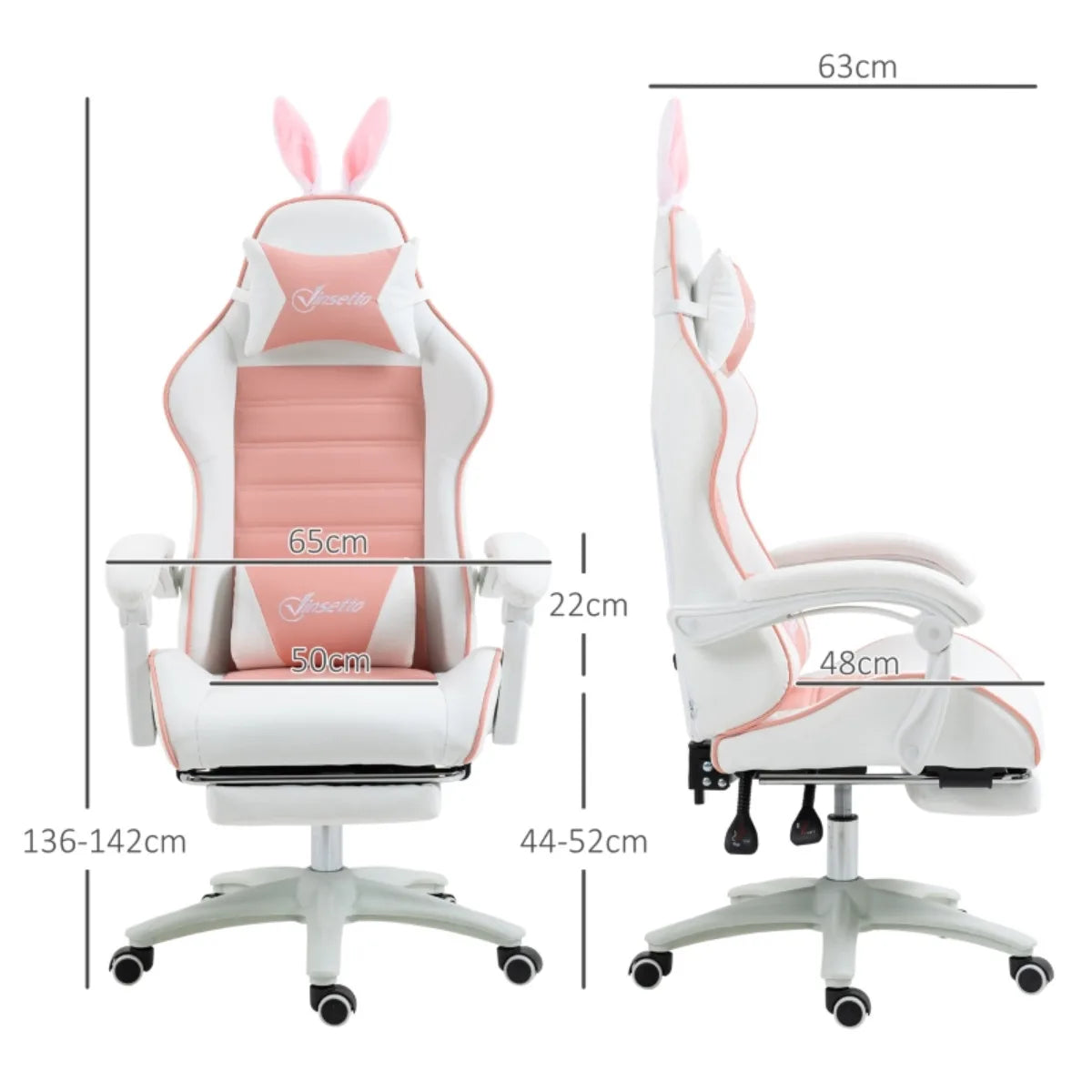 Fauteuil gamer ergonomique fille rose et blanc inclinable réglable avec oreilles de lapin décoratives appui-tête et renfort lombaire
